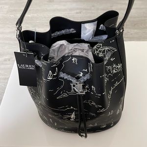 Ralph Lauren Black Logo Bucket Bag Leather Shoulder Crossover Bag Tote Purse.